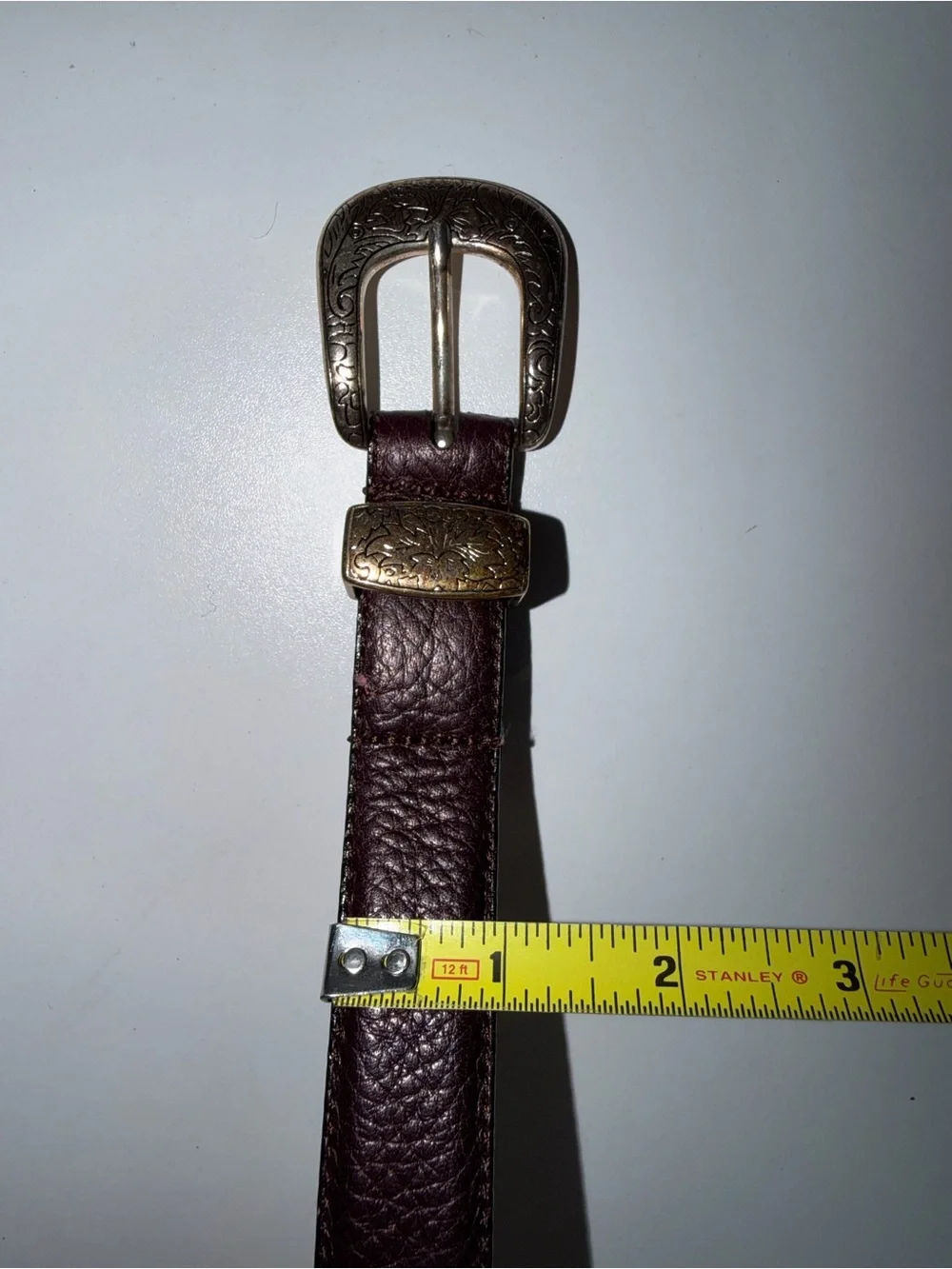 Full Grain Cowhide Leather Belt 36 Burgundy Silver Tone Buckle USA Style